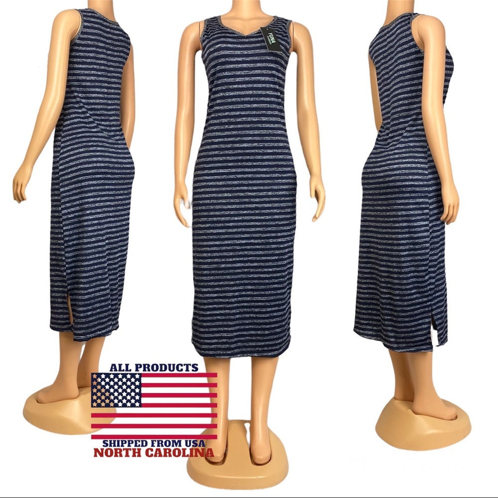 Women's Summer Sleeveless Striped Casual Navy blue Long Dress - Picture 1 of 6